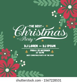 Handwritten modern christmas party, with vintage red flower frame design. Vector