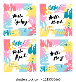 Handwritten modern lettering Hello Spring set. Frame with hand drawn stains. Vector illustration. Template for greetins, holidays, web, invitation.