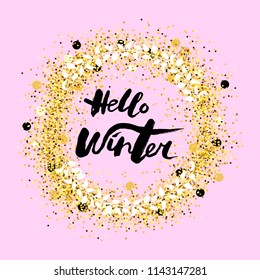 Handwritten modern lettering Hello Winter. Hand drawn lettering for banner, logo, badge, web, poster. Hello Winter isolated on pink background with cute wreath.