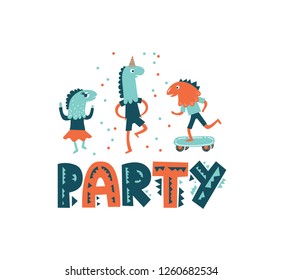 Handwritten modern lettering Party with a boys and  in a dinosaur mask illustration on white background in cartoon style. Typography design for greetings card, poster, banner, party invitation