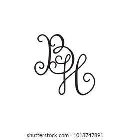 Handwritten monogram BH icon, logo with swirls isolated on white background