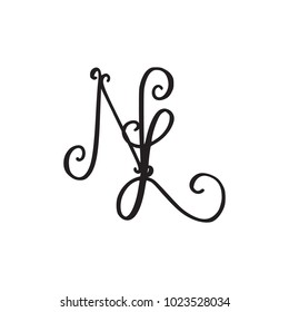 Handwritten monogram NL icon, logo with swirls isolated on white background