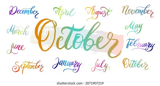 Handwritten month names December, January, February, March, April, May, June, July, August, September, October, November with color gradient. Calligraphic words for calendars and organizers.