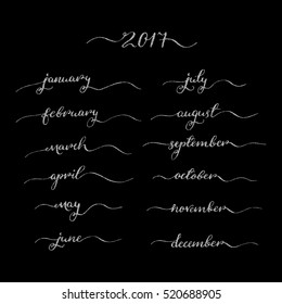 Handwritten months January, February, March, April, May, June, July, August, September, October, November,December. Calligraphy with silver glitter texture isolated on black, for organizer, calendar.