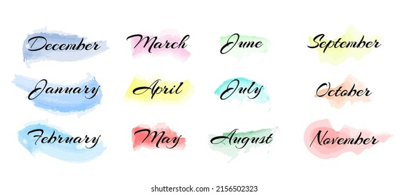 Handwritten months names of the year on the background of an colorful brush. Set of colorful month names phrases. Vector stock illustration.