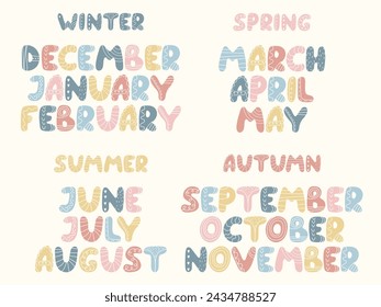 Handwritten Months of the Year. Cute Season and month names in Scandinavian style. Colorful letters isolated on white. Design element for calendar, planner, banner, organizer, children's education