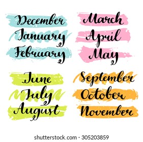 Handwritten months of the year: December, January, February, March, April, May, June, July, August, September, October, November. Calligraphy words for calendars and organizers.