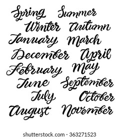 Handwritten months of the year: December, January, February, March, April, May, June, July, August, September, October, November. Calligraphy words for calendars and organizers.

