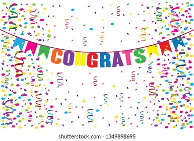 Handwritten motivational text. "Congrats" lettering typography. Drawn art sign.  For logotype, badge, icon, card, postcard, logo, banner, tag. Celebration vector illustration with confetti and flags.