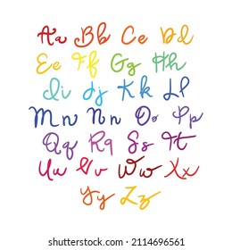 Handwritten multicolored alphabet. Large and small letters