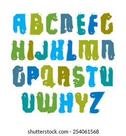 Handwritten multicolored vector uppercase letters isolated on white background, painted modern typeset.
