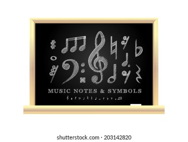 Handwritten musical notes on the school blackboard, vector illustration