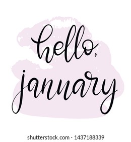 Handwritten name of month for bullet journal, calendar, organizer, poster design, greeting card. Hello january hand lettering vector illustration EPS10 in calligraphic style on pink background.