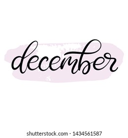 Handwritten name of month december on pink stain for bullet journal, calendar, organizer, poster design, greeting card. Hand lettering vector illustration EPS10 in calligraphic style