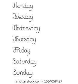Handwritten names of all days of the week for bullet journal, calendar, organizer, poster design, greeting card. Monday, Tuesday, Wednesday, Thursday, Friday, Saturday, Sunday,