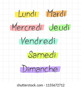Handwritten names of the days of the week in French. Monday, tuesday etc. Les noms des jours de la semaine en français. Lundi, mardi etc. Vector calligraphy words for calendars and organizers