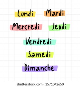 Handwritten Names Of The Days Of The Week In French. Monday, Tuesday Etc. Vector Calligraphy Words For Calendars And Organizers