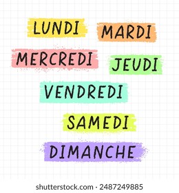 Handgeschriebene Namen der Wochentage auf Französisch. Montag, Dienstag usw. Les noms des jours de la semaine en français. Lundi, Mardi usw. Vektorgrafiken-Kalligrafiebegriffe für Kalender und Organisatoren