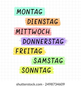 Handwritten names of the days of the week in German. Monday, tuesday etc. Die Wochentage sind auf Deutsch. Montag, Dienstag etc. Vector calligraphy words for calendars and organizers