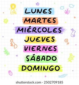 Handwritten names of the days of the week in Spanish. Monday, tuesday etc. Días de la semana en español. Lunes, martes and ets. Vector calligraphy words for calendars and organizers