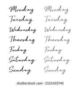 Handwritten Names Of The Days Of The Week. Sunday, Monday, Tuesday, Wednesday, Thursday, Friday, Saturday. Calligraphy Words For Calendars And Organizers.