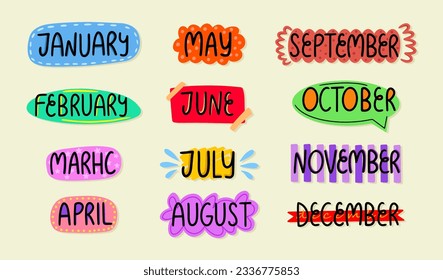 Handwritten names of months for bullet journal, diary, planner. Set of doodle stickers with months.