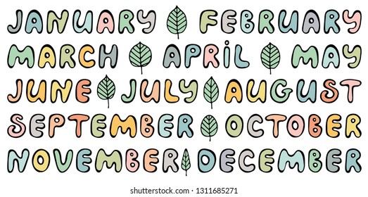 Handwritten names of months. Cute doodle set for banner, poster, notebook, diary, daily log, datebook, calendar, schedule, sticker, organizer, greeting card, bullet journal and planner. 