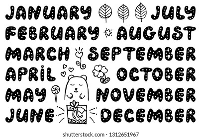 Handwritten names of months and cute doodle elements. Set for banner, notebook, diary, daily log, datebook, calendar, schedule, organizer, greeting card, bullet journal, and planner. 