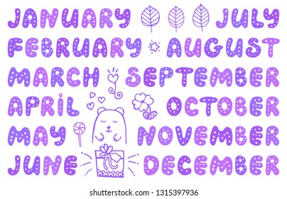 Handwritten names of months and cute doodle elements. Set for banner, notebook, diary, daily log, datebook, calendar, schedule, organizer, greeting card, bullet journal, and planner. 