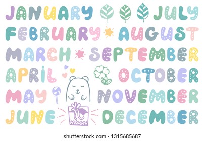 Handwritten names of months and cute doodle elements. Set for banner, notebook, diary, daily log, datebook, calendar, schedule, organizer, greeting card, bullet journal, and planner. 