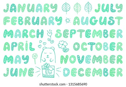 Handwritten names of months and cute doodle elements. Set for banner, notebook, diary, daily log, datebook, calendar, schedule, organizer, greeting card, bullet journal, and planner. 