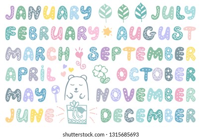 Handwritten names of months and cute doodle elements. Set for banner, notebook, diary, daily log, datebook, calendar, schedule, organizer, greeting card, bullet journal, and planner. 