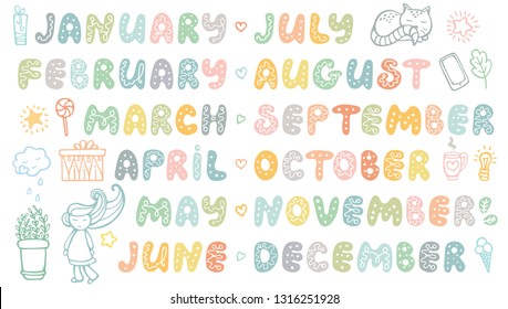 Handwritten names of months and cute doodle elements. Set for banner, notebook, diary, daily log, datebook, calendar, schedule, organizer, greeting card, bullet journal, and planner. 