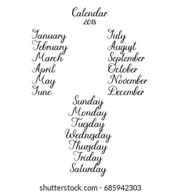 Handwritten names of months and days of the week. Brush calligraphy. Hand lettering isolated on white. Vector illustration for design calendar 2018, greeting card, planner, organizer, invitation.