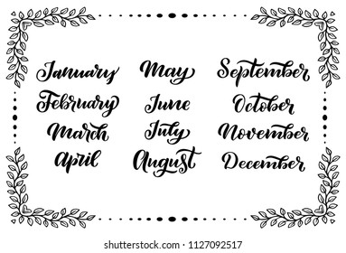 Handwritten names of months: December, January, February, March, April, May, June, July, August September October November Calligraphy words for calendars and organizers. Vector illustration