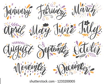 Handwritten names of months: December, January, February, March, April, May, June, July, August September October November Calligraphy words for calendars and organizers.Vector illustration