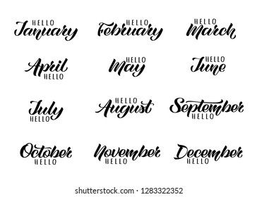 Handwritten names of months: December, January, February, March, April, May, June, July, August, September, October, November. Set of trendy hand lettering of months  for calendars and organizers. 