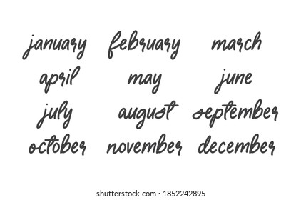 Handwritten names of months: December, January, February, March, April, May, June, July, August, September, October, November. Calligraphy words for calendars and organizers.