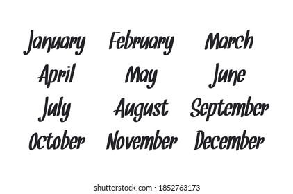 Handwritten names of months: December, January, February, March, April, May, June, July, August, September, October, November. Calligraphy words for calendars and organizers.
