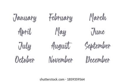 Handwritten names of months: December, January, February, March, April, May, June, July, August, September, October, November. Calligraphy words for calendars and organizers.