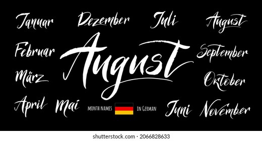 Handwritten names of the months December, January, February, March, April, May, June, July, August, September, October, November in German. Calligraphic words for calendars and organizers.