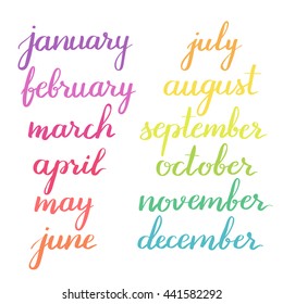 Handwritten names of months: December, January, February, March, April, May, June, July, August, September, October, November. Calligraphy words for calendars and organizers.