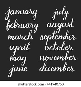 Handwritten names of months: December, January, February, March, April, May, June, July, August, September, October, November. Calligraphy words for calendars and organizers.