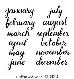 Handwritten names of months: December, January, February, March, April, May, June, July, August, September, October, November. Calligraphy words for calendars and organizers.