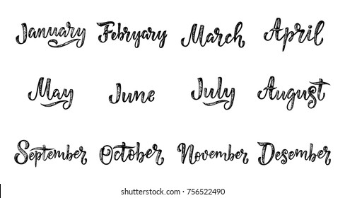 Handwritten names of months: December, January, February, March, April, May, June, July, August September October November Calligraphy words for calendars and organizers Vector