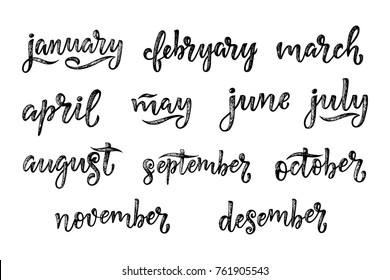 Handwritten names of months December, January, February, March, April, May, June, July, August, September, October, November. Calligraphy words for calendars and organizers. Vector