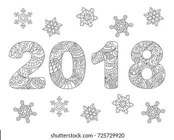 Handwritten number 2018 patterned with zen tangled shapes, hand drawn snowflakes isolated on white. Adult coloring book. eps 10
