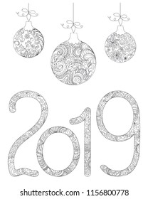 Handwritten number 2019 and christmas balls patterned with zen-tangle shapes,  isolated on white. Handwritten font 2019 for decorate calendar, banner, new year card, adult coloring book. eps 10

