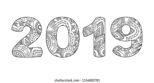 Handwritten number 2019 patterned with zen-tangle shapes, isolated on white. Handwritten font 2019 for decorate calendar, banner, poster, invitation, new year card, adult coloring book. eps 10