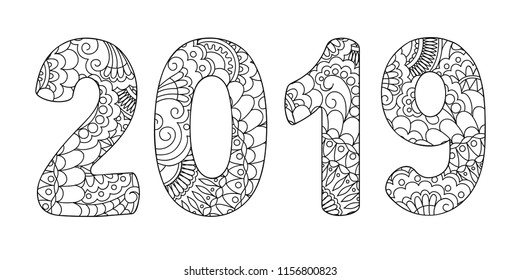 Handwritten number 2019 patterned with zen-tangle shapes, isolated on white. Handwritten font 2019 for decorate calendar, banner, poster, invitation, new year card, adult coloring book. eps 10